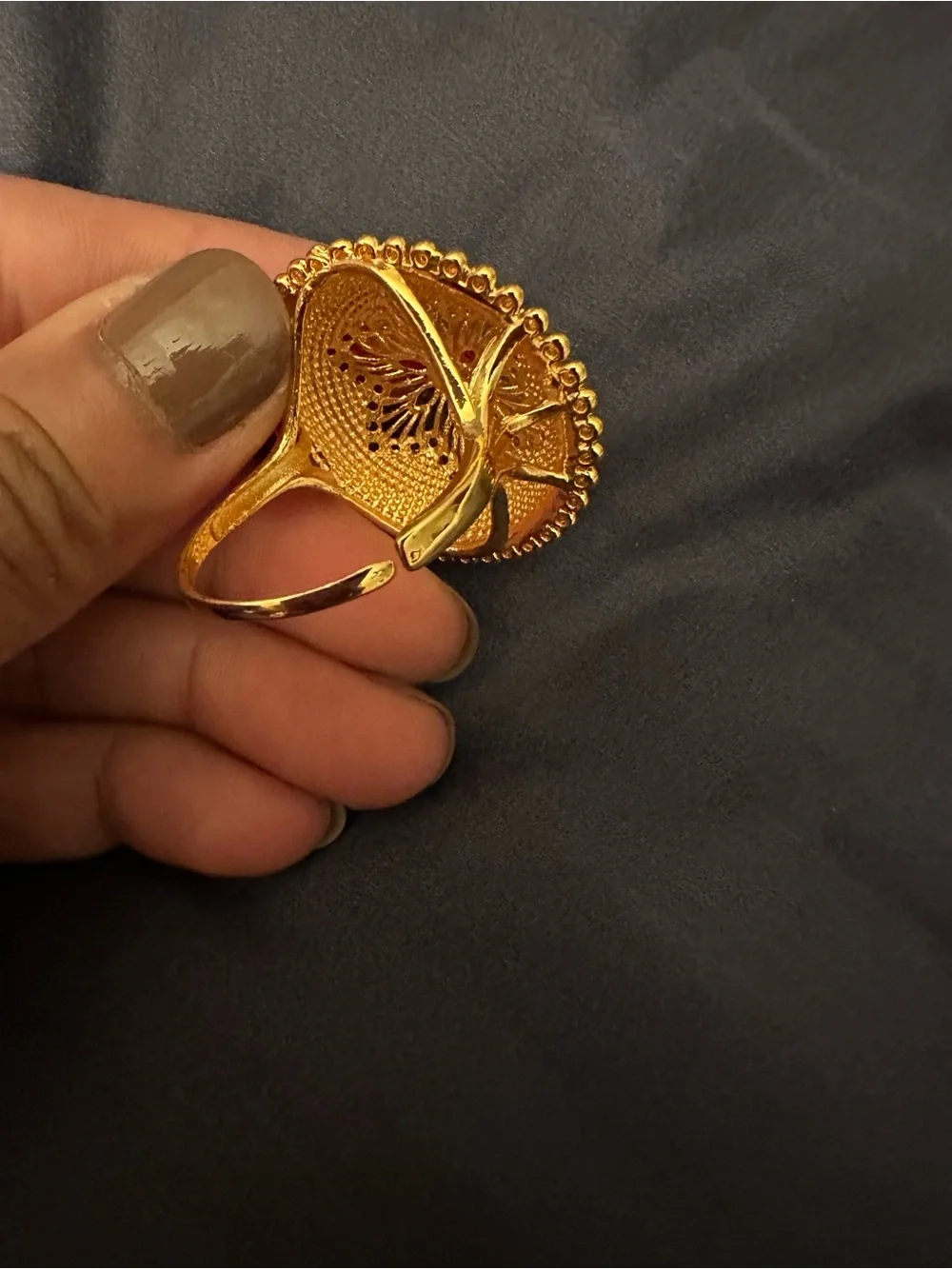 Gold-Tone Floral Statement Ring with Green and Pink Accents